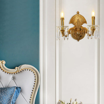 French Full Brass Crystal 2-Light Wall Sconce Lamp