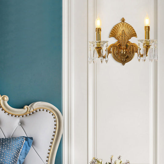 French Full Brass Crystal 2-Light Wall Sconce Lamp