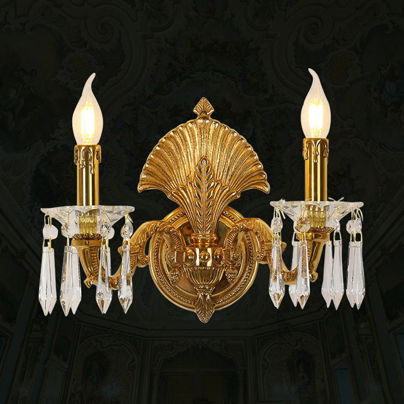 French Full Brass Crystal 2-Light Wall Sconce Lamp