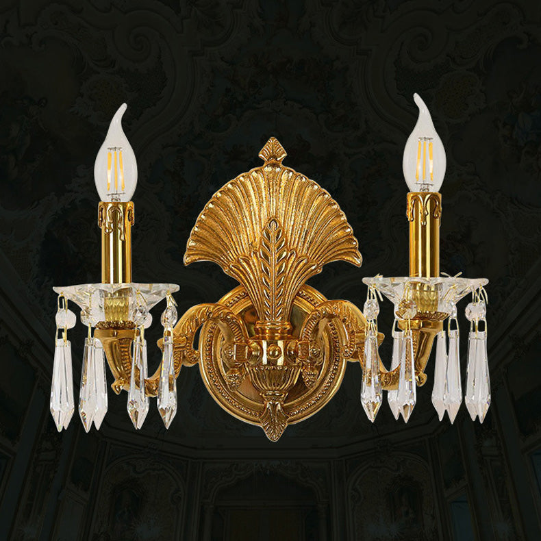 French Full Brass Crystal 2-Light Wall Sconce Lamp