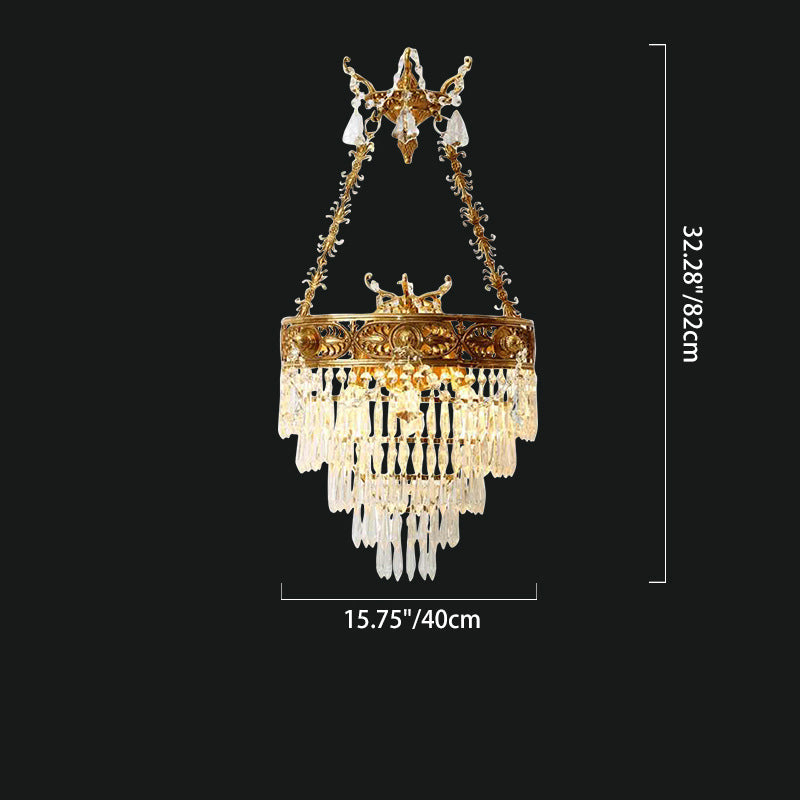 French Crown Round Brass Crystal 3-Light Wall Sconce Lamp
