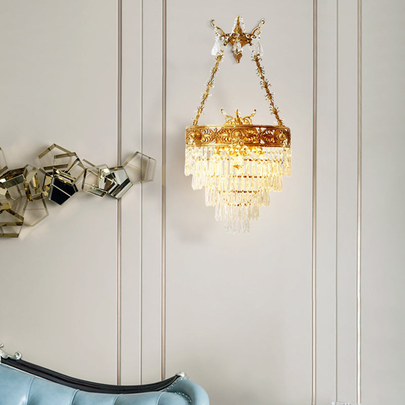 French Crown Round Brass Crystal 3-Light Wall Sconce Lamp