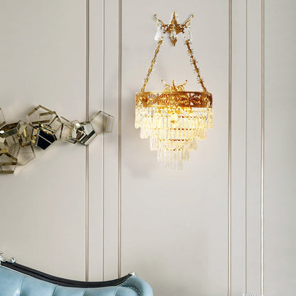 French Crown Round Brass Crystal 3-Light Wall Sconce Lamp