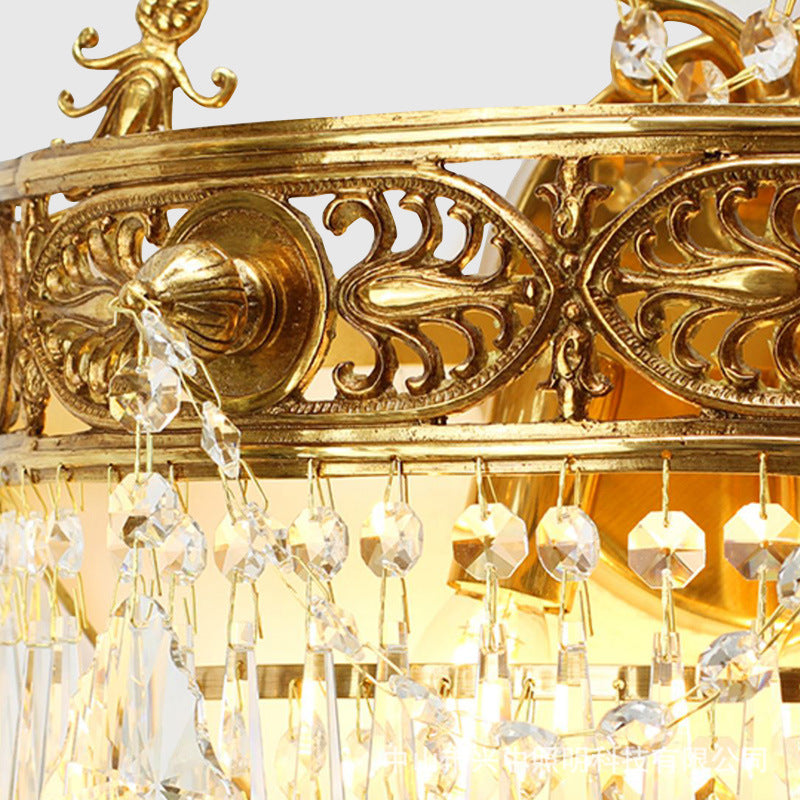 French Crown Round Brass Crystal 3-Light Wall Sconce Lamp
