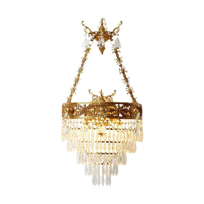 French Crown Round Brass Crystal 3-Light Wall Sconce Lamp