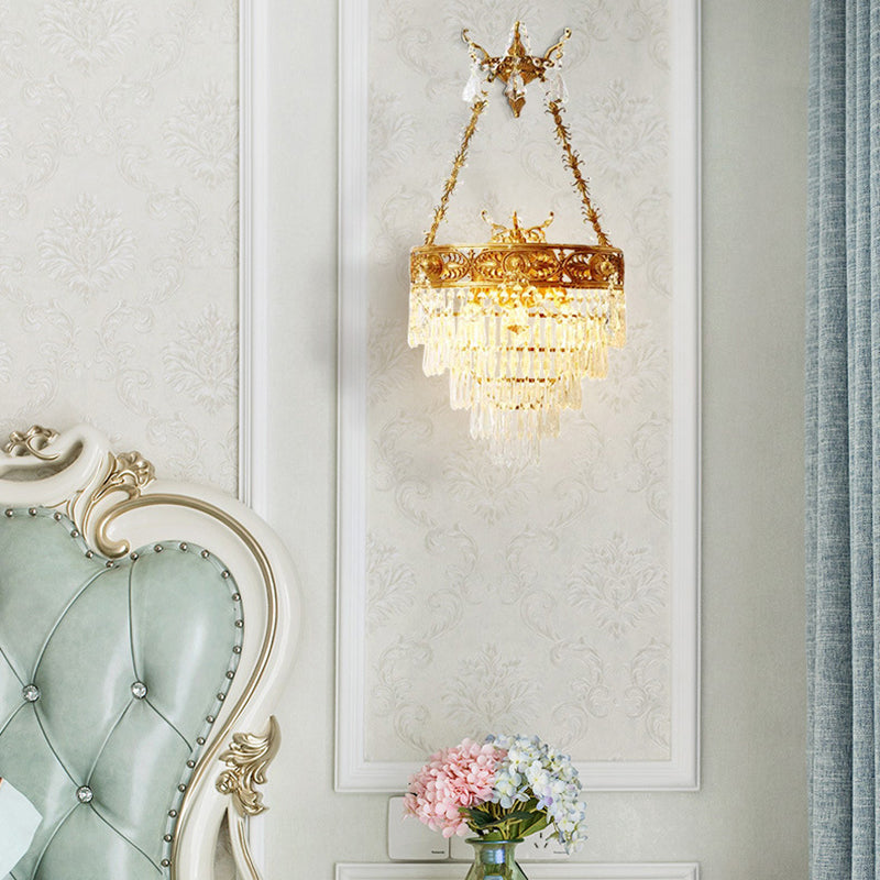 French Crown Round Brass Crystal 3-Light Wall Sconce Lamp