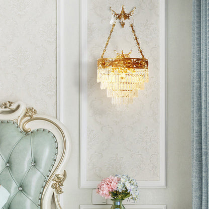 French Crown Round Brass Crystal 3-Light Wall Sconce Lamp