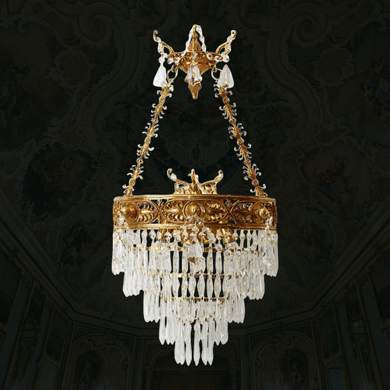 French Crown Round Brass Crystal 3-Light Wall Sconce Lamp