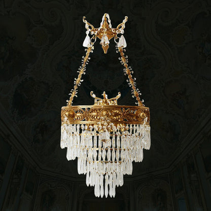French Crown Round Brass Crystal 3-Light Wall Sconce Lamp