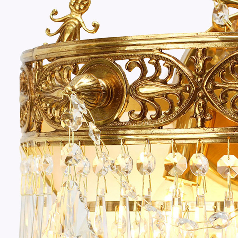 French Crown Round Brass Crystal 3-Light Wall Sconce Lamp