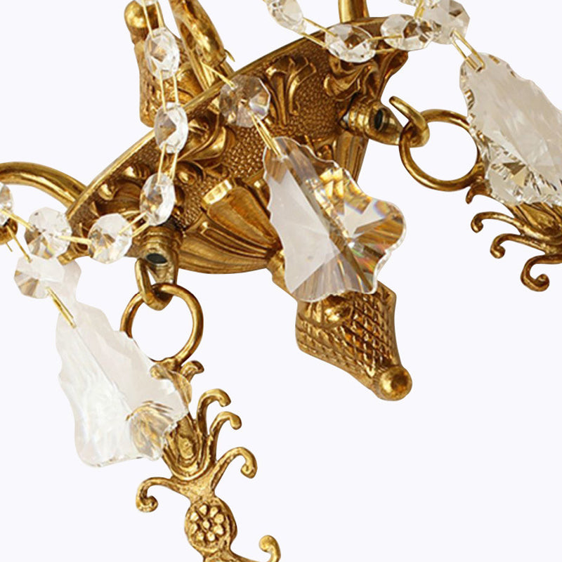 French Crown Round Brass Crystal 3-Light Wall Sconce Lamp
