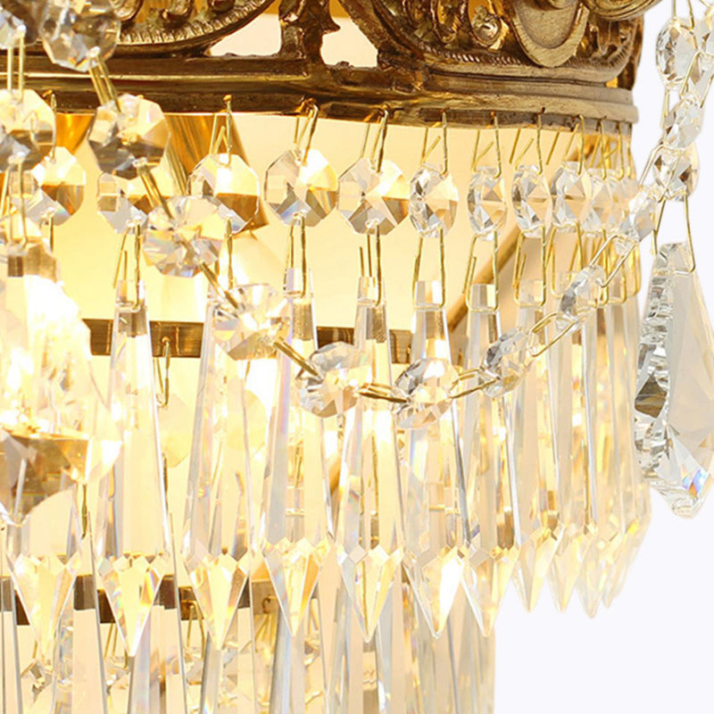 French Crown Round Brass Crystal 3-Light Wall Sconce Lamp