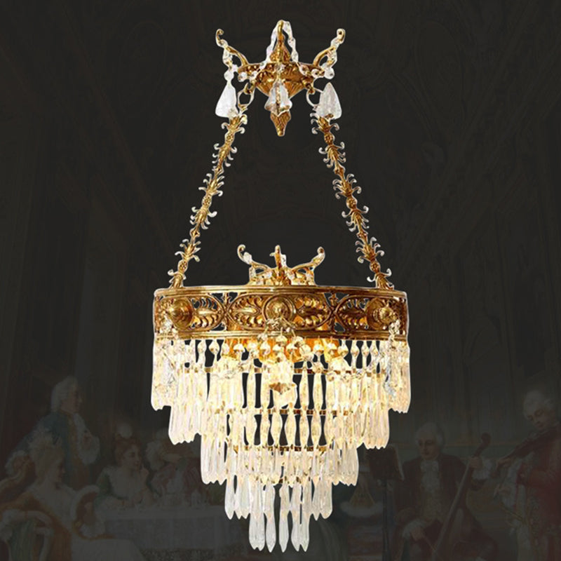 French Crown Round Brass Crystal 3-Light Wall Sconce Lamp