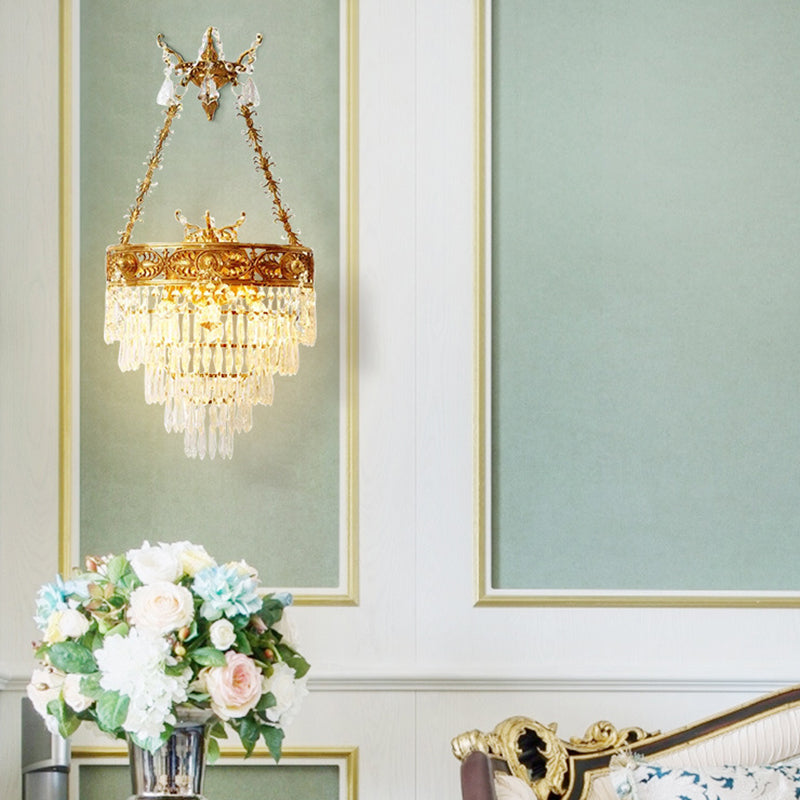 French Crown Round Brass Crystal 3-Light Wall Sconce Lamp