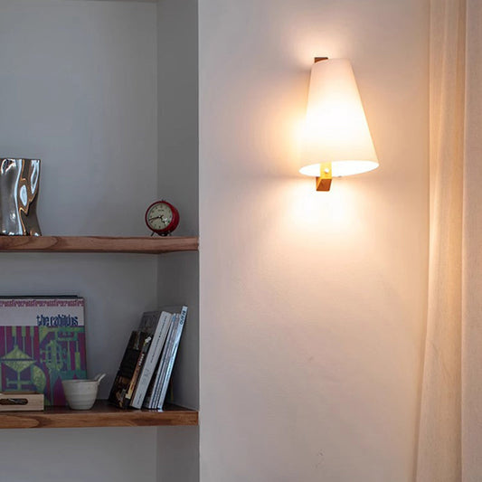 Cone Paper Shade Solid Wood Base 1-Light Wall Sconce Lamp