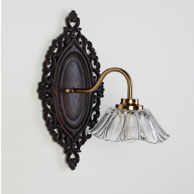 Flower Solid Wood Glass 1-Light Wall Sconce Lamp