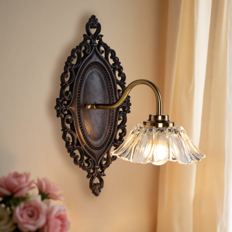 Flower Solid Wood Glass 1-Light Wall Sconce Lamp