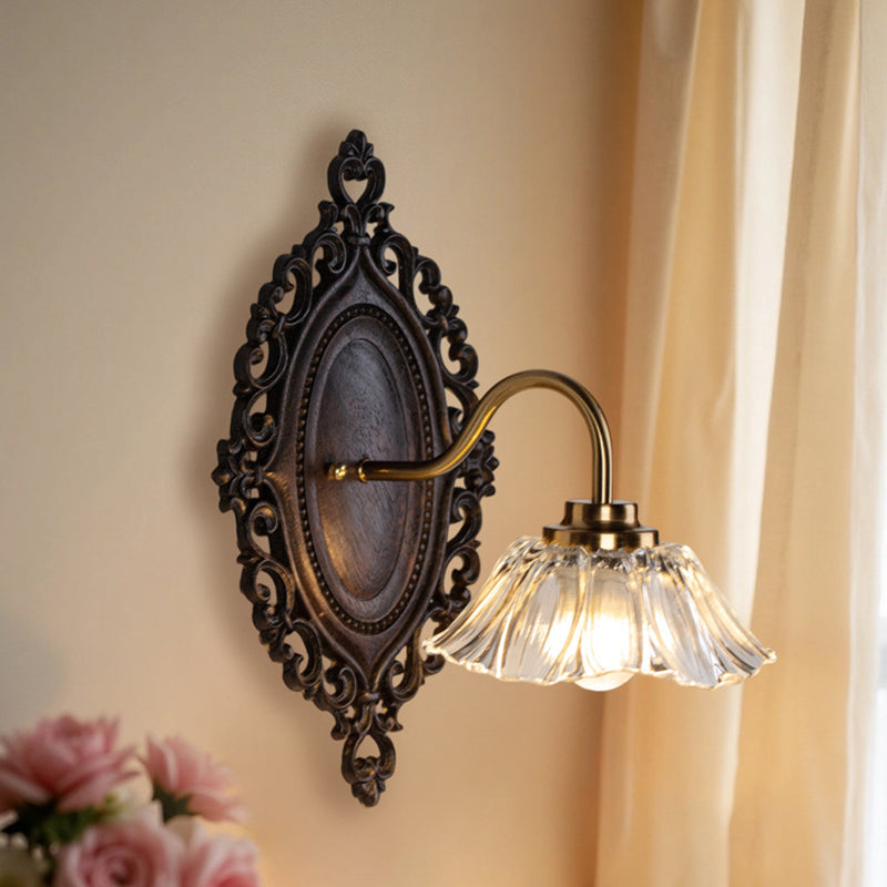 Flower Solid Wood Glass 1-Light Wall Sconce Lamp