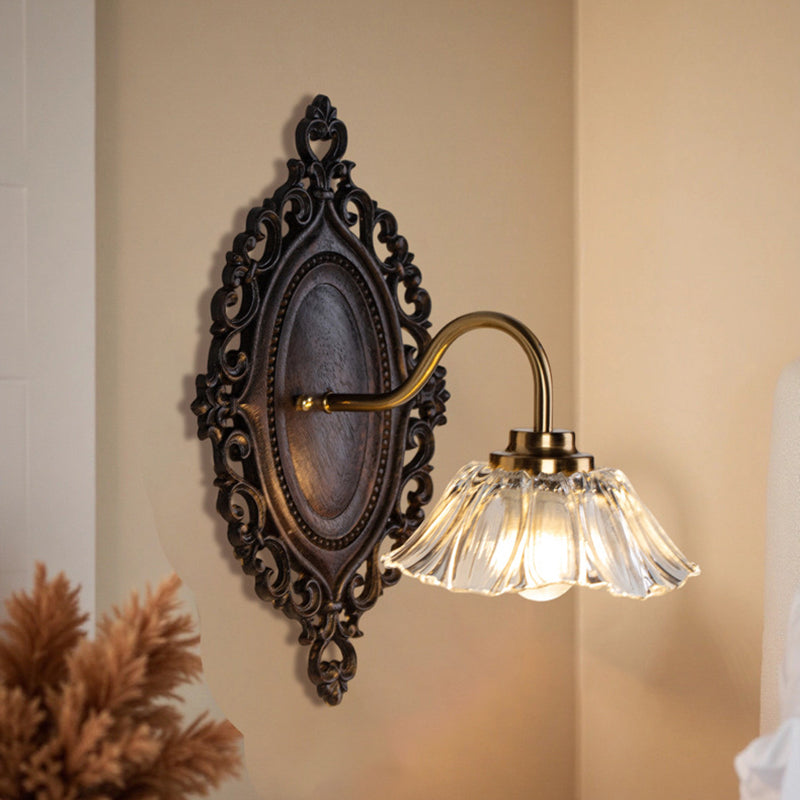Flower Solid Wood Glass 1-Light Wall Sconce Lamp