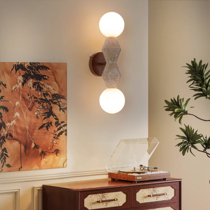 Japanese Wood Yellow Travertine 2-Light Wall Sconce Lamp