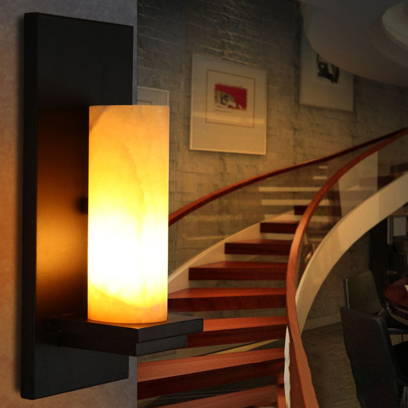 Deco Cylinder Iron Natural Marble 1-Light Wall Sconce Lamp