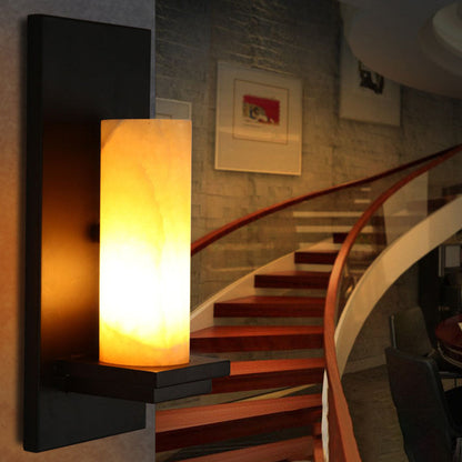 Deco Cylinder Iron Natural Marble 1-Light Wall Sconce Lamp