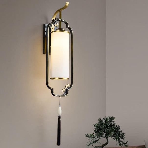 Chinese Cylindrical Copper Glass 1-Light Wall Sconce Lamp