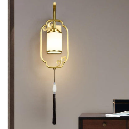 Chinese Cylindrical Copper Glass 1-Light Wall Sconce Lamp
