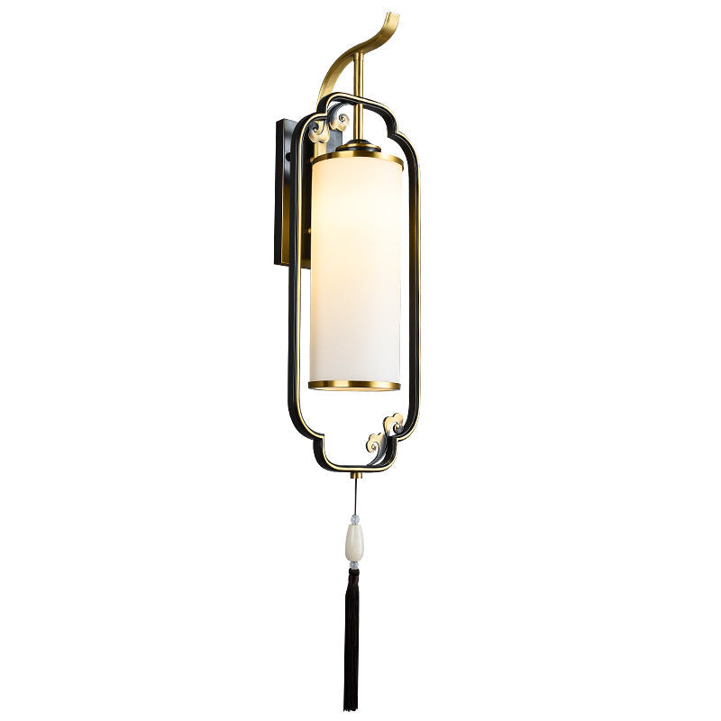 Chinese Cylindrical Copper Glass 1-Light Wall Sconce Lamp