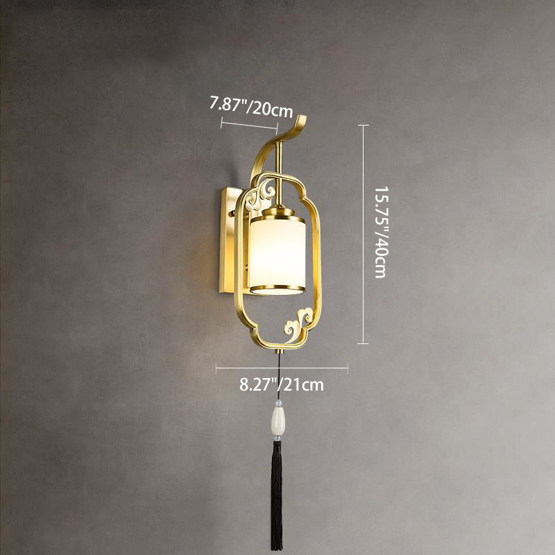 Chinese Cylindrical Copper Glass 1-Light Wall Sconce Lamp