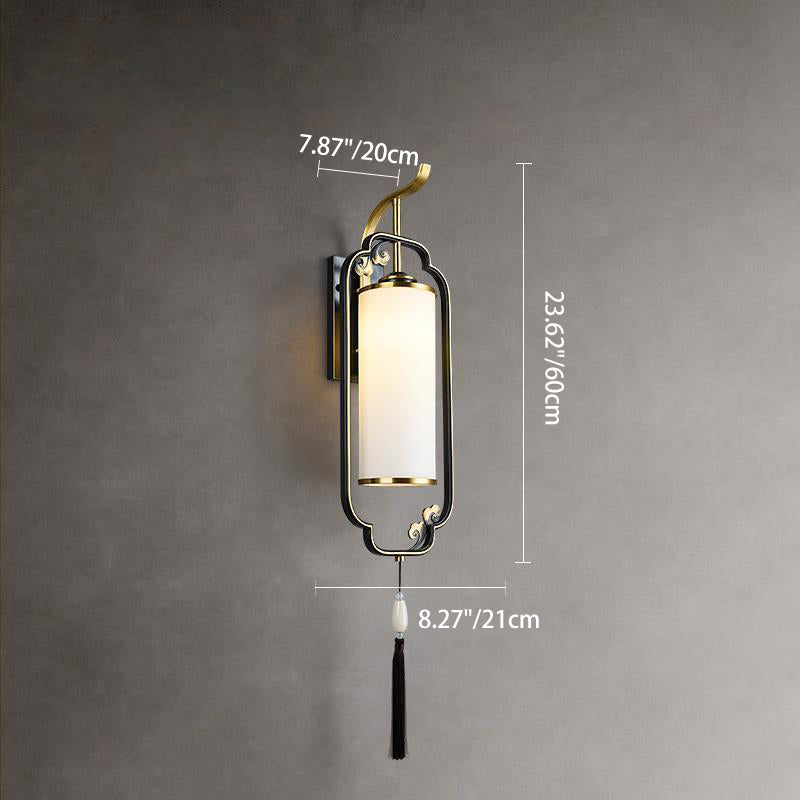 Chinese Cylindrical Copper Glass 1-Light Wall Sconce Lamp