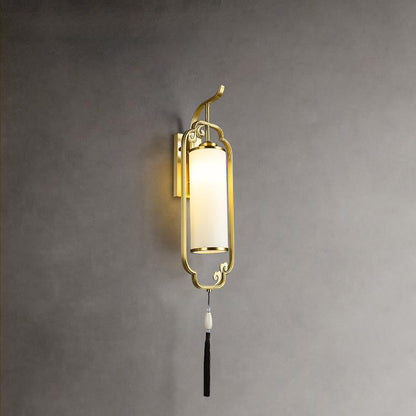 Chinese Cylindrical Copper Glass 1-Light Wall Sconce Lamp