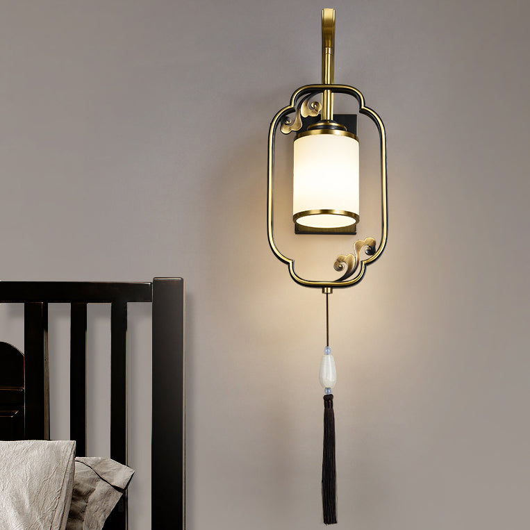 Chinese Cylindrical Copper Glass 1-Light Wall Sconce Lamp