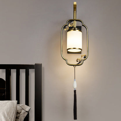 Chinese Cylindrical Copper Glass 1-Light Wall Sconce Lamp