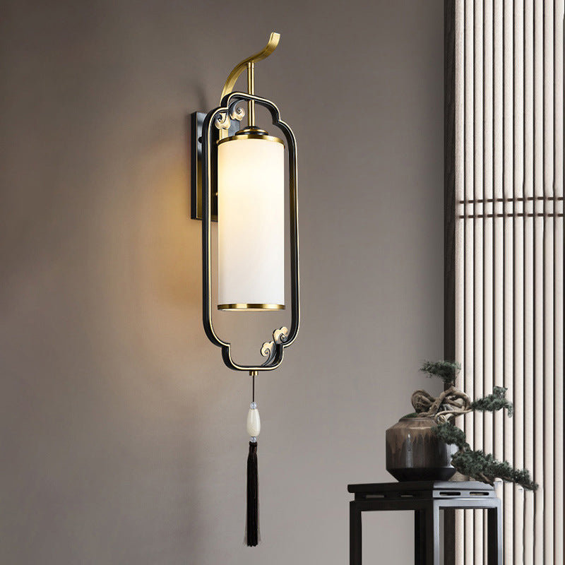 Chinese Cylindrical Copper Glass 1-Light Wall Sconce Lamp