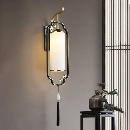 Chinese Cylindrical Copper Glass 1-Light Wall Sconce Lamp