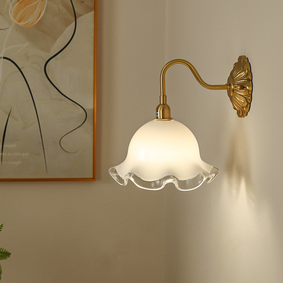Traditional Flower Brass Glass 1-Light Wall Sconce Lamp