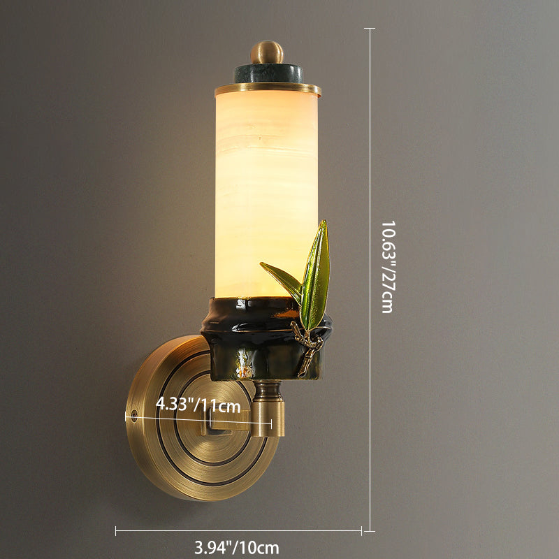 Chinese Cylindrical Brass Jade LED Wall Sconce Lamp