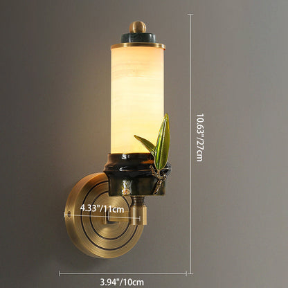 Chinese Cylindrical Brass Jade LED Wall Sconce Lamp