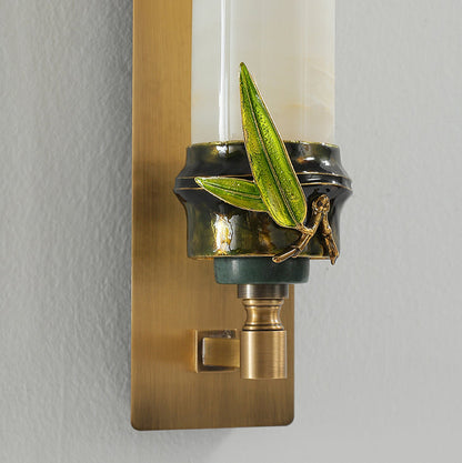 Chinese Cylindrical Brass Jade LED Wall Sconce Lamp