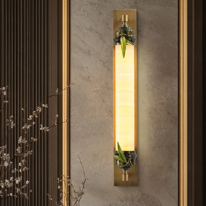 Chinese Cylindrical Brass Jade LED Wall Sconce Lamp