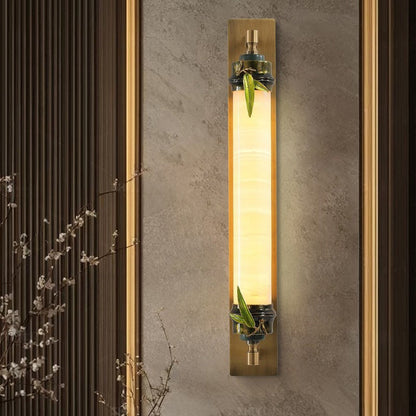 Chinese Cylindrical Brass Jade LED Wall Sconce Lamp