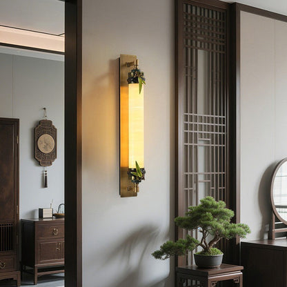 Chinese Cylindrical Brass Jade LED Wall Sconce Lamp