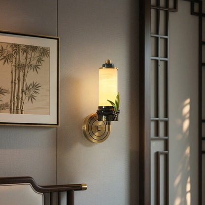 Chinese Cylindrical Brass Jade LED Wall Sconce Lamp