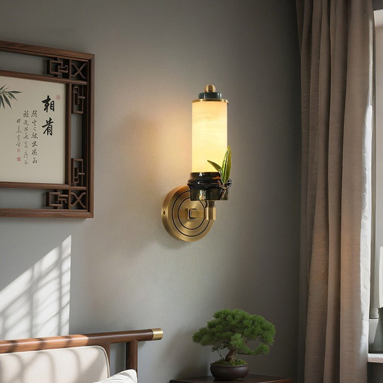 Chinese Cylindrical Brass Jade LED Wall Sconce Lamp