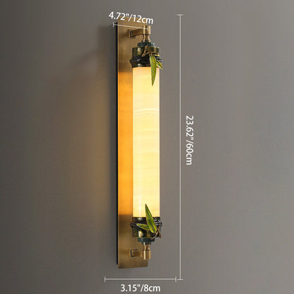 Chinese Cylindrical Brass Jade LED Wall Sconce Lamp