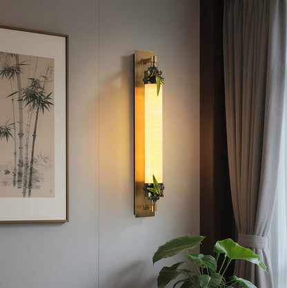 Chinese Cylindrical Brass Jade LED Wall Sconce Lamp