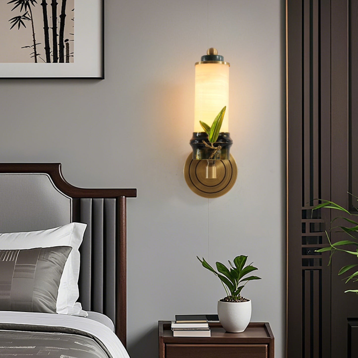Chinese Cylindrical Brass Jade LED Wall Sconce Lamp