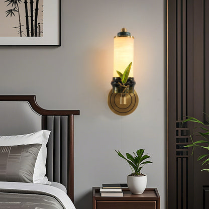 Chinese Cylindrical Brass Jade LED Wall Sconce Lamp