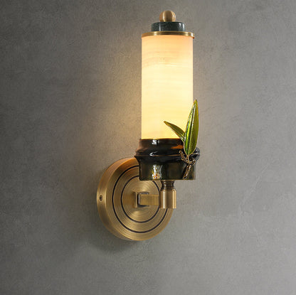 Chinese Cylindrical Brass Jade LED Wall Sconce Lamp
